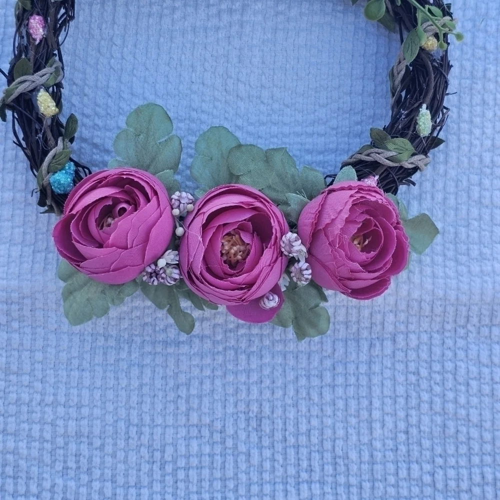 Handmade floral bunny Spring/Easter Wreath with Different shades of pink florals